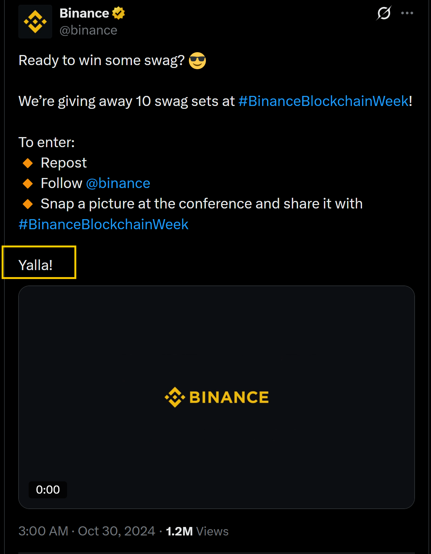 Binance tweet signing off with Yalla, October 30, 2024