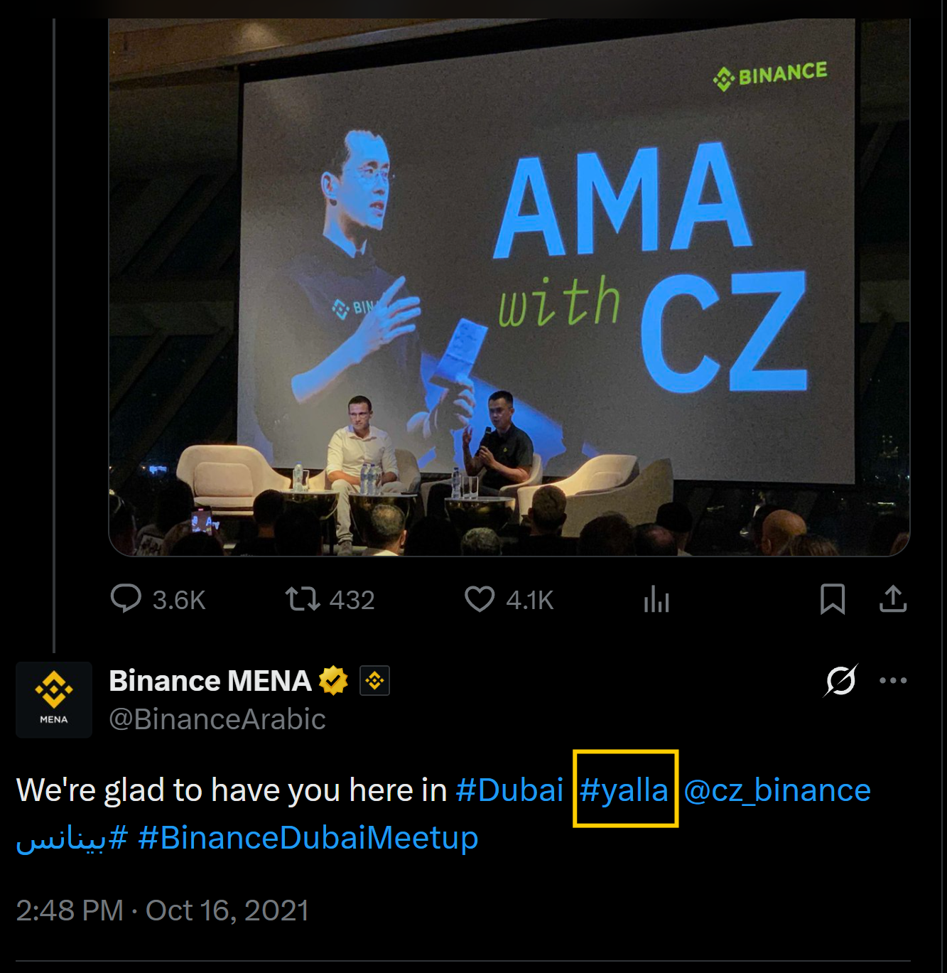 Binance MENA tweet using the hashtag yalla, October 16, 2021